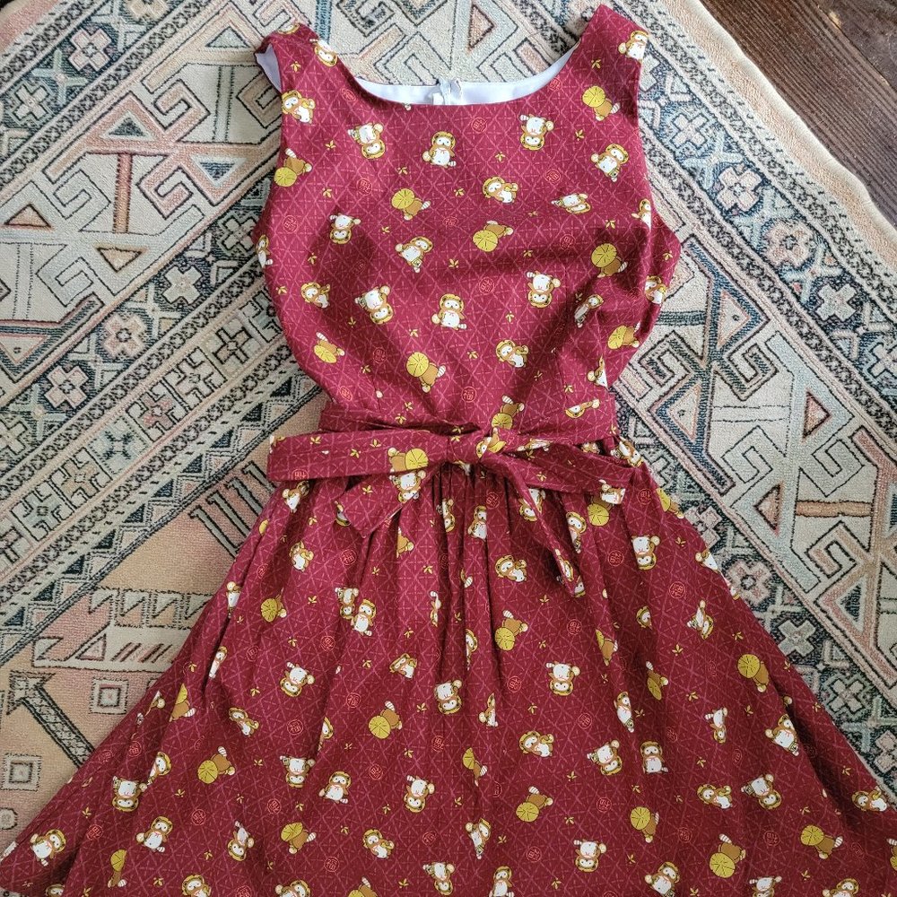 Discontinued Bonne Chance Tanuki Print Hepburn Belted Dress